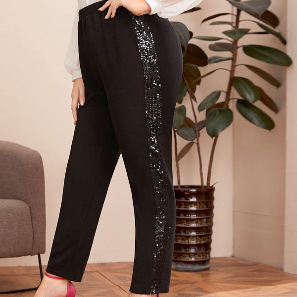 Plus Size Cropped Trousers Side Sequined Slim Stretch Slacks