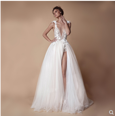Open Back Light Bridal Gown With High Slit Tail