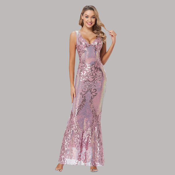 Sequin High Waist Sleeveless V-Neck Gown