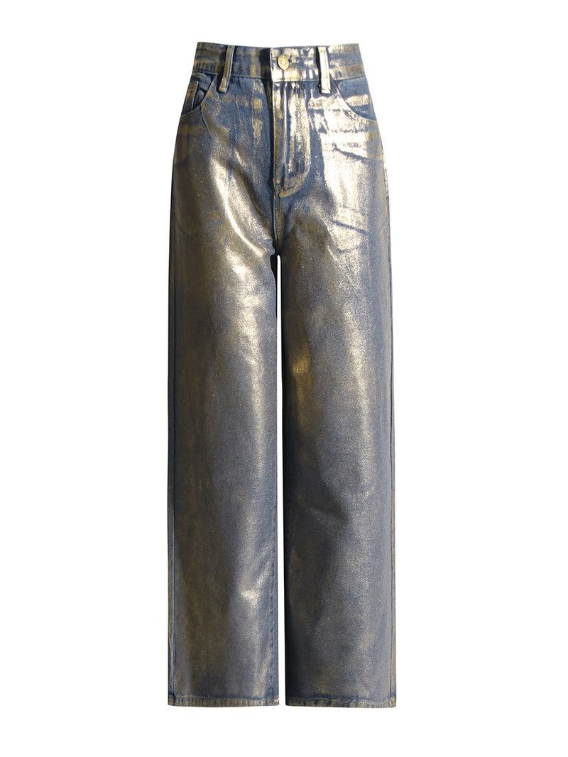 Bronzing Design High Waist Straight Jeans