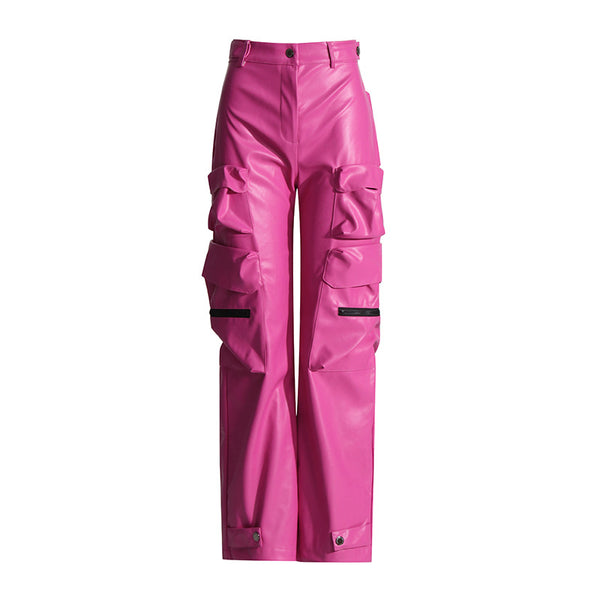 Multi-pocket Pu Pink Pants