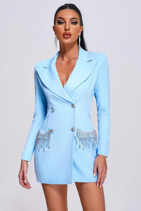 Long-sleeved V-neck Tassel Diamond Suit