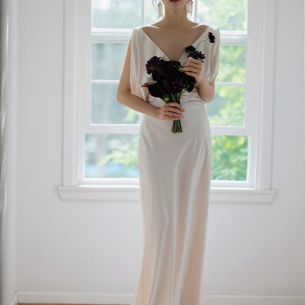 Champagne Satin Bridal Gown With V-neck