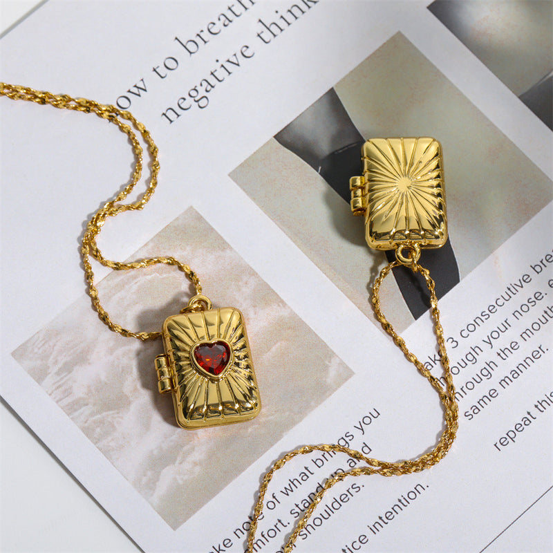 Retro Opening And Closing Love Zircon Album Box Necklace