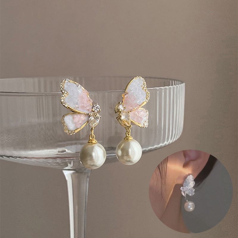 Butterfly Pearl Rhinestone Earrings