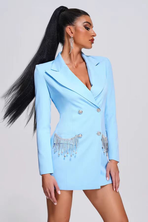 Long-sleeved V-neck Tassel Diamond Suit